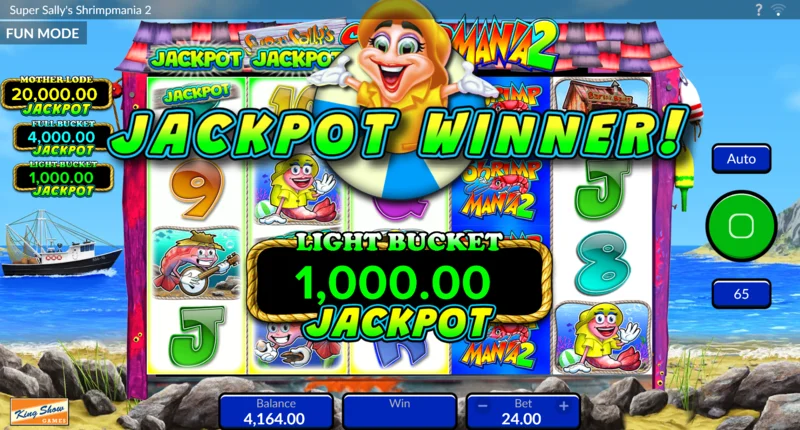 Super Sally's Shrimpmania 2 – spustená bonusová hra s výberom medzi košíkmi a Free Spinmi