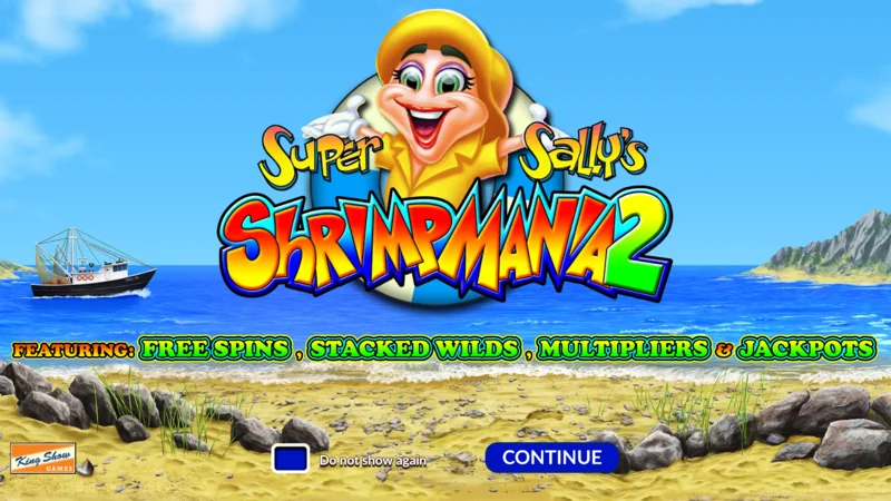 Super Sally's Shrimpmania 2 – hlavná obrazovka s valcami 5x4 a mriežkou 40 výplatných línií